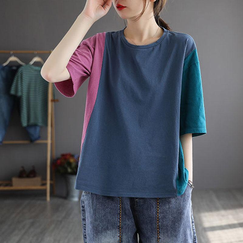 Футболка из 100% хлопка с короткими рукавами, женская свободная хлопковая летняя футболка большого размера с цветным контрастом, винтажный арт-топ женский