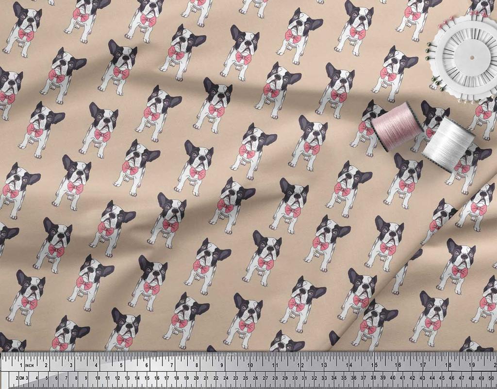 Soimoi Japan Crepe Satin Fabric Bow & Boston Terrier Dog Print Fabric by the Metre 42 Inch