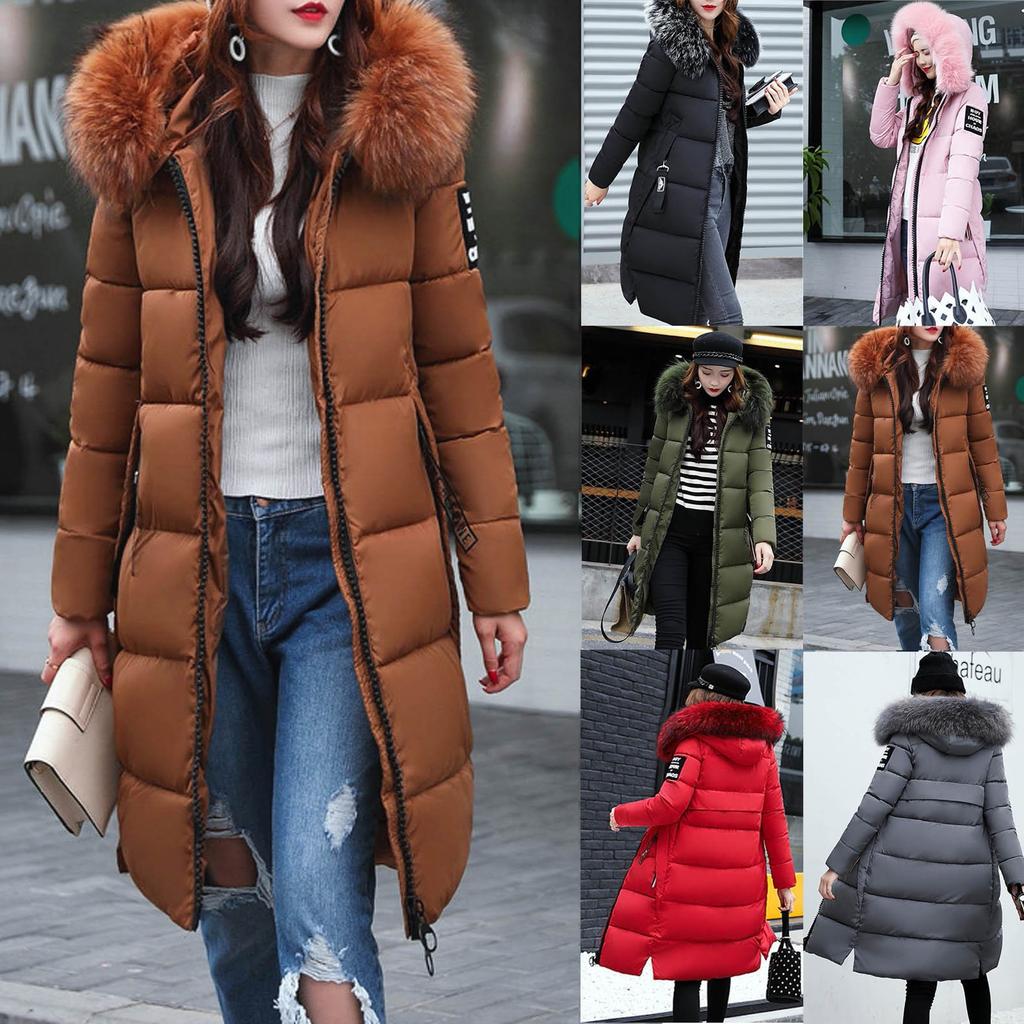 Женская мода с большим воротником для волос, тонкой талией, длинной пуховой хлопковой курткой, хлопковым пальто