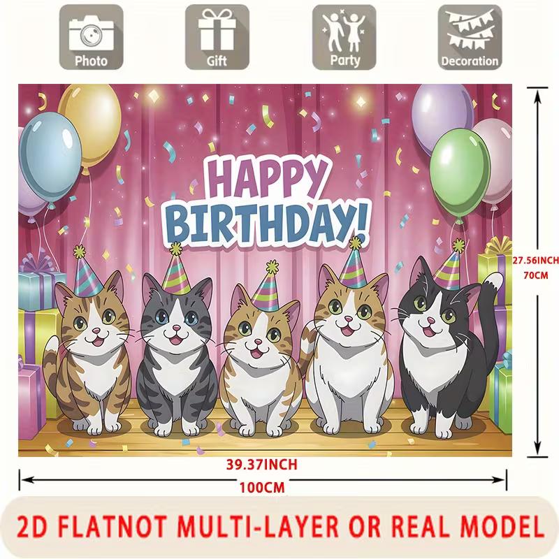 2D Cartoon Kitten Birthday Backdrop Pink Curtain Balloon Party Background
