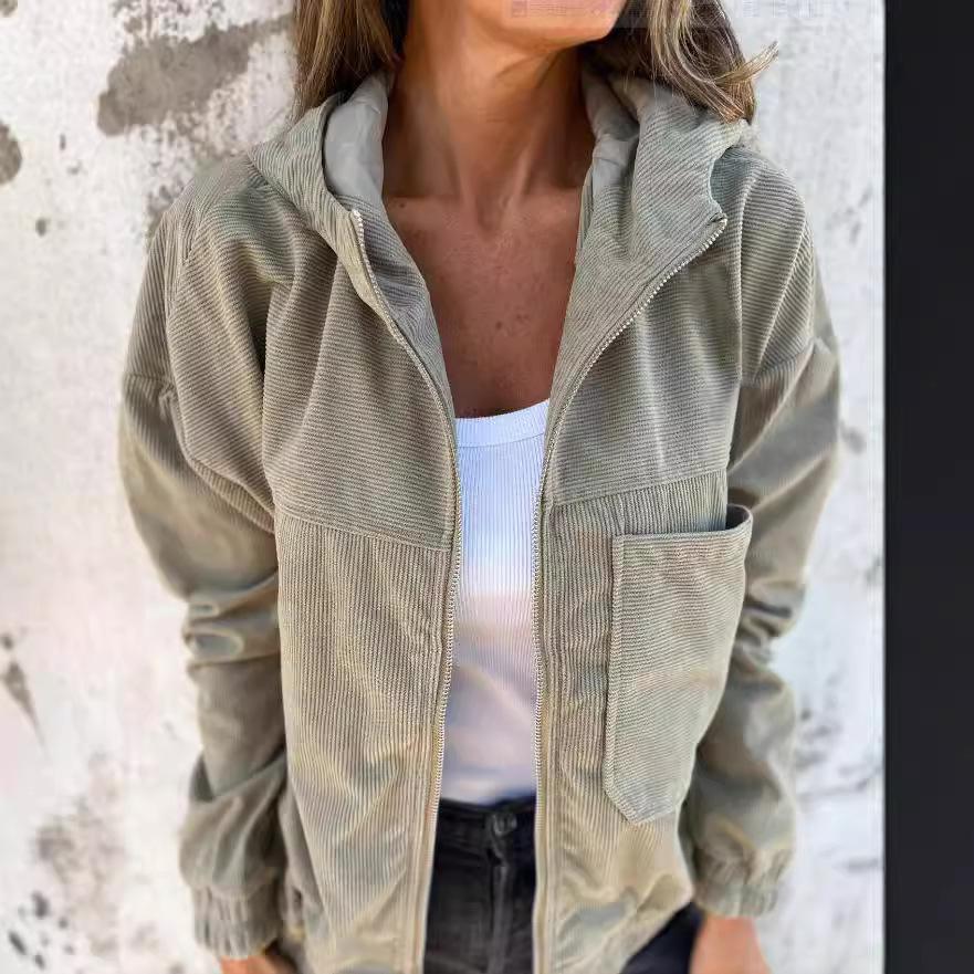Women's Solid Color Hooded Corduroy Jacket, New Autumn Simple Style Zip Up Casual Coat With Pocket, Relaxed Fit Versatile Daily Wear Ladies Outerwear
