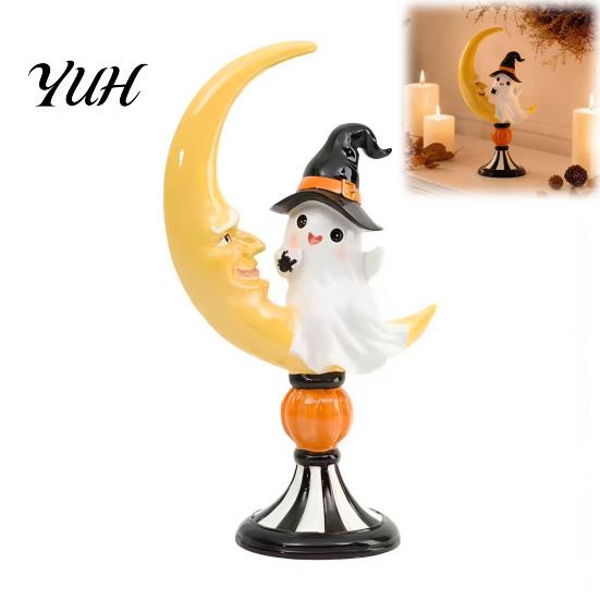 Halloween Ghost Ornaments And Moon Resin Ornaments, Cute Spooky Tabletop Figurine, Desktop Decorations Statue with Pumpkin Elements for Home