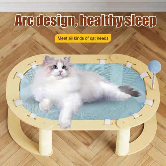 Elevated Cat Hammock Free-Standing Pet Bed Summer Breathable Raised Cat Hammock Bed with Spring Ball/Scratching Post for Indoor Cats