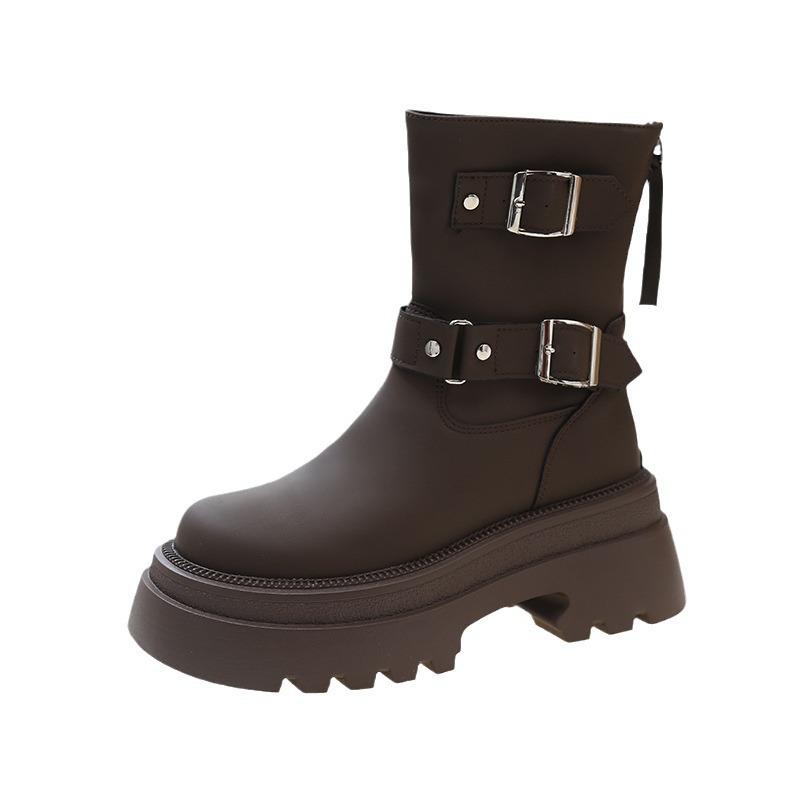 Ретро Ботильоны на Толстой Подошве для Женщин Новый Стиль Пряжка на Ремне Западные Ковбойские Сапоги Круглый Носок Средняя Голенище Толстый Каблук Ботильоны