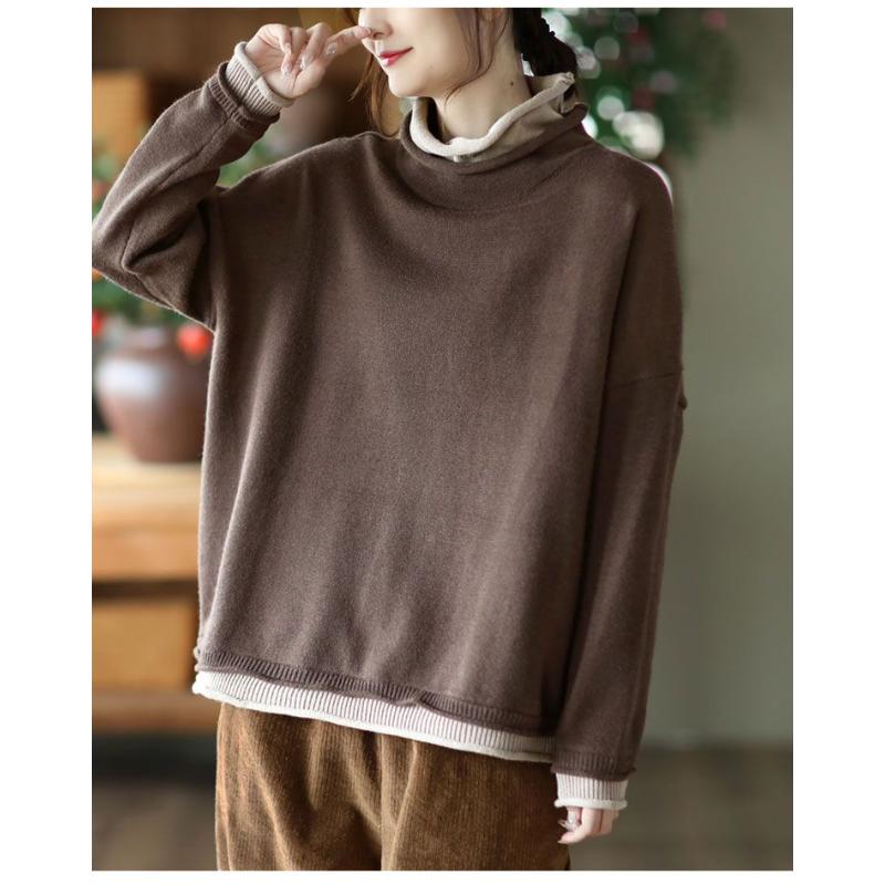 Autumn and Winter New Cotton Knitted Contrasting Fake Two-piece Tops for Women Loose Turtleneck Sweater with Bottoming Shirt