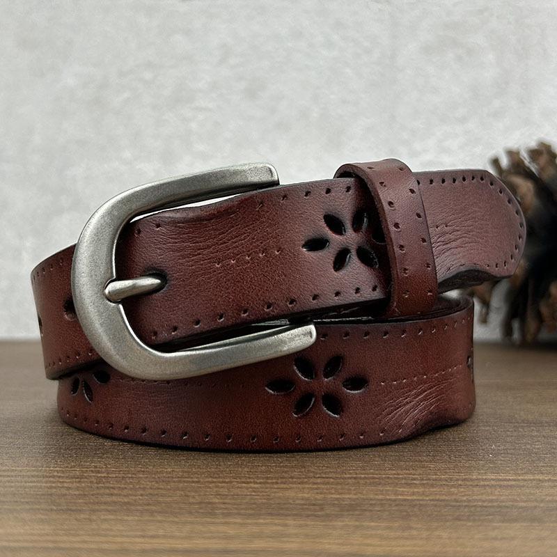 Женский кожаный ремень с полым ретро-дизайном, повседневный джинсовый ремень из первого слоя с пряжкой-булавкой, новинка осени и зимы 2024