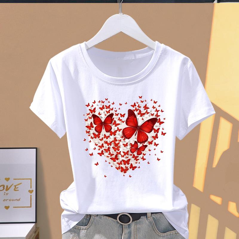 (Asian Size) Women's Top 90s Trend Butterfly Cute Short Sleeve T-shirts Fashion T Clothing Print Female Casual Graphic Tee