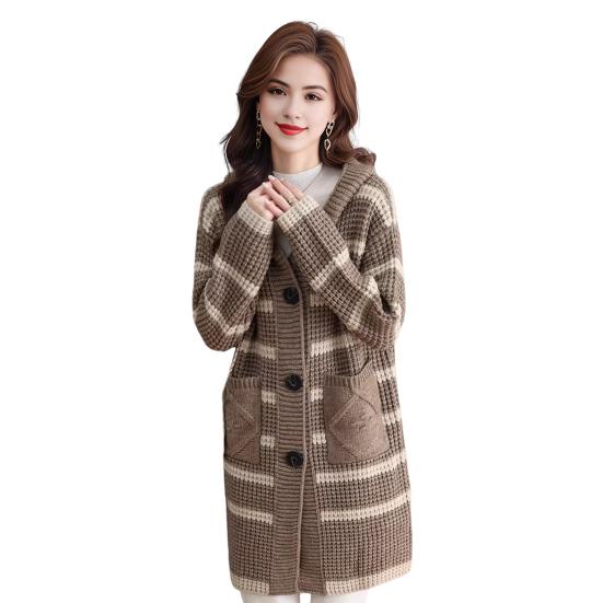 Женское вязаное пальто с капюшоном, длинным рукавом, полосатым принтом, свитер, пальто с карманами, свободный