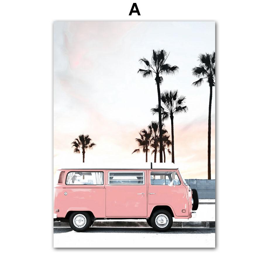 Настенная картина на холсте, доска для серфинга, девушка, розовое морское побережье, винтажный фургон, украшение для гостиной, постеры и принты, настенные панно