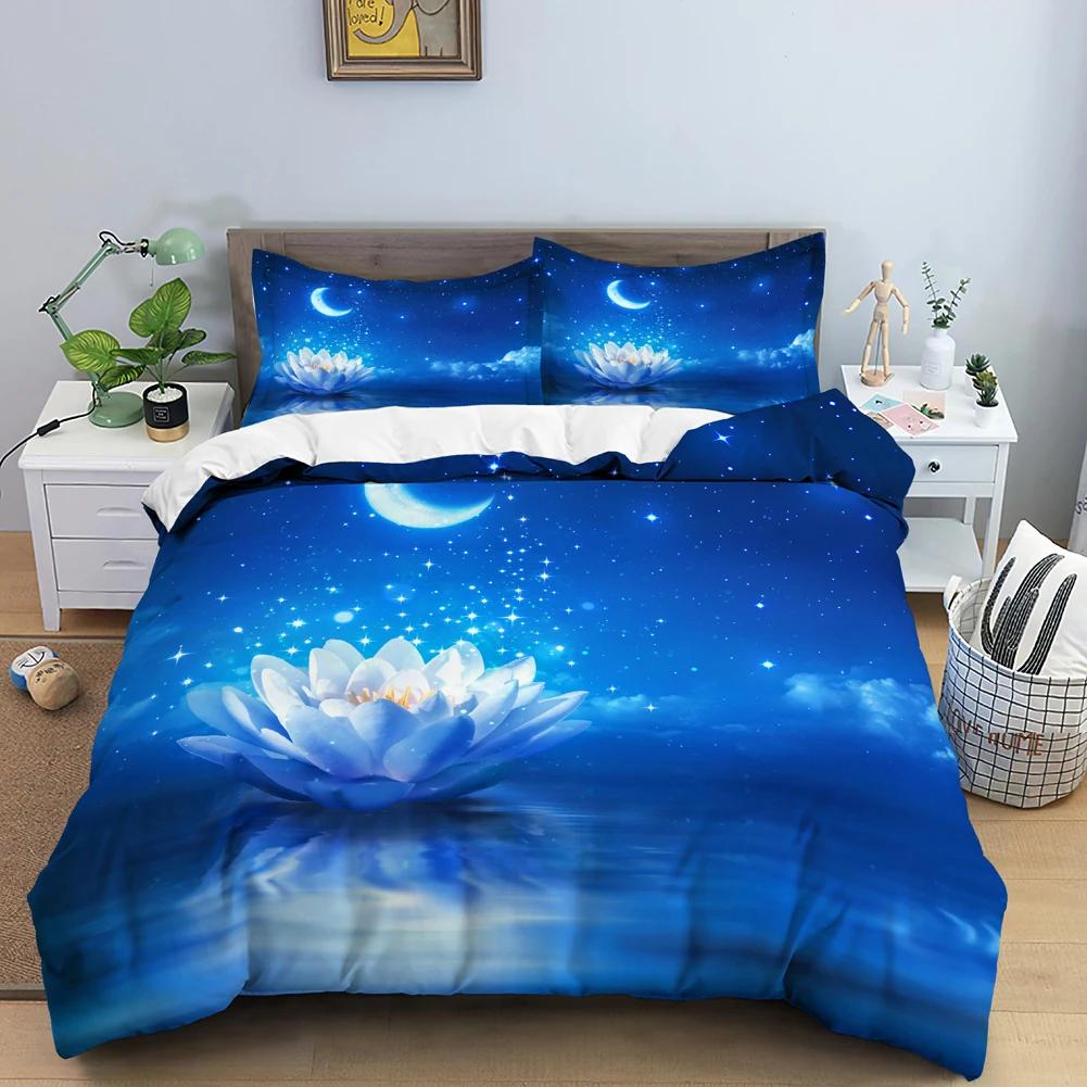 Пододеяльник Galaxy Lotus размера King Size Full Twin Синий Цветок Луна Постельный Комплект Для Подростков Взрослых Богемный Цветочный 2/3 шт.