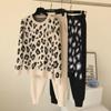 2pcs/set Women Knit Leopard Pullover Warm Casual Woman Sets Sweaters+Pants Pull Jumpers Trousers Outfit New Fashion Spring Autumn