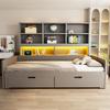 Wooden Sofa Bed 90/180 x 200 cm, Pull-Out Bed, LED Lighting, Youth Bed Frame With Sockets, Open Storage Compartments and Drawers, Grey