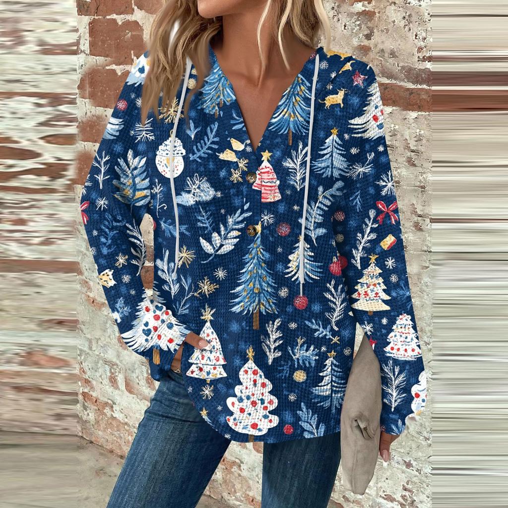 Женский повседневный топ с длинными рукавами, пуговицами, V-образным вырезом, рождественским принтом, завязками и капюшоном