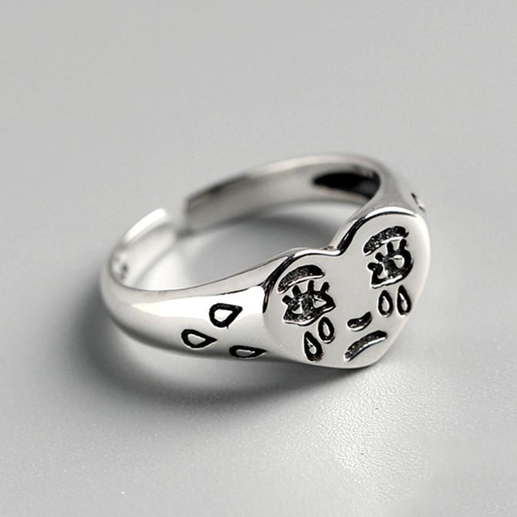 Simple Sad Crying Face Love Ring for Women with Old Tearful Expression Open Ring Jewelry