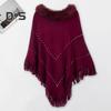Women Fall Winter Cloak Tassel Bead Decor Faux Fur Decor Triangle Shape Solid Color Knitted Keep Warm Elastic Poncho Shrug Bohemian Style Cable Wrap