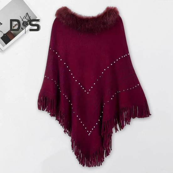 Women Fall Winter Cloak Tassel Bead Decor Faux Fur Decor Triangle Shape Solid Color Knitted Keep Warm Elastic Poncho Shrug Bohemian Style Cable Wrap