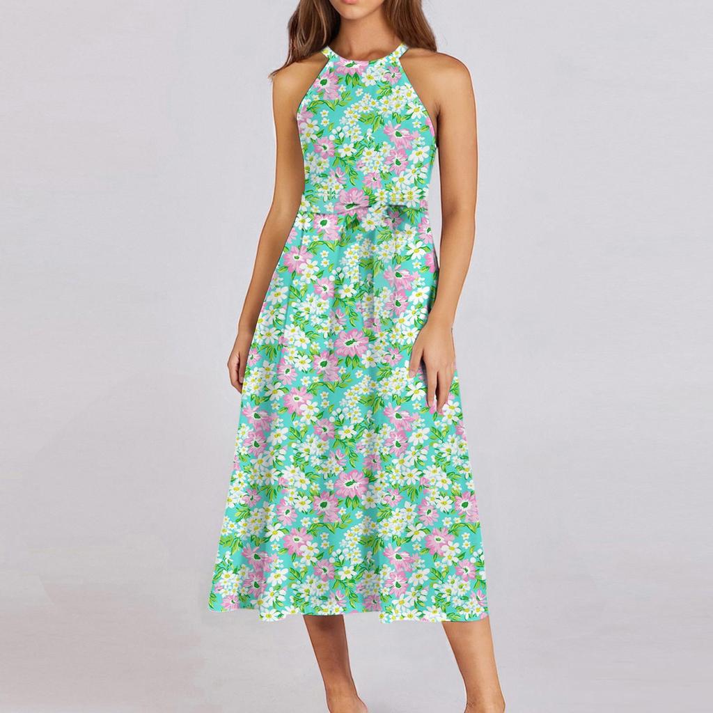 Женское повседневное платье миди с круглым вырезом, классическое, повседневное, без рукавов, свободное платье в стиле бохо с завязками, летний пляжный сарафан