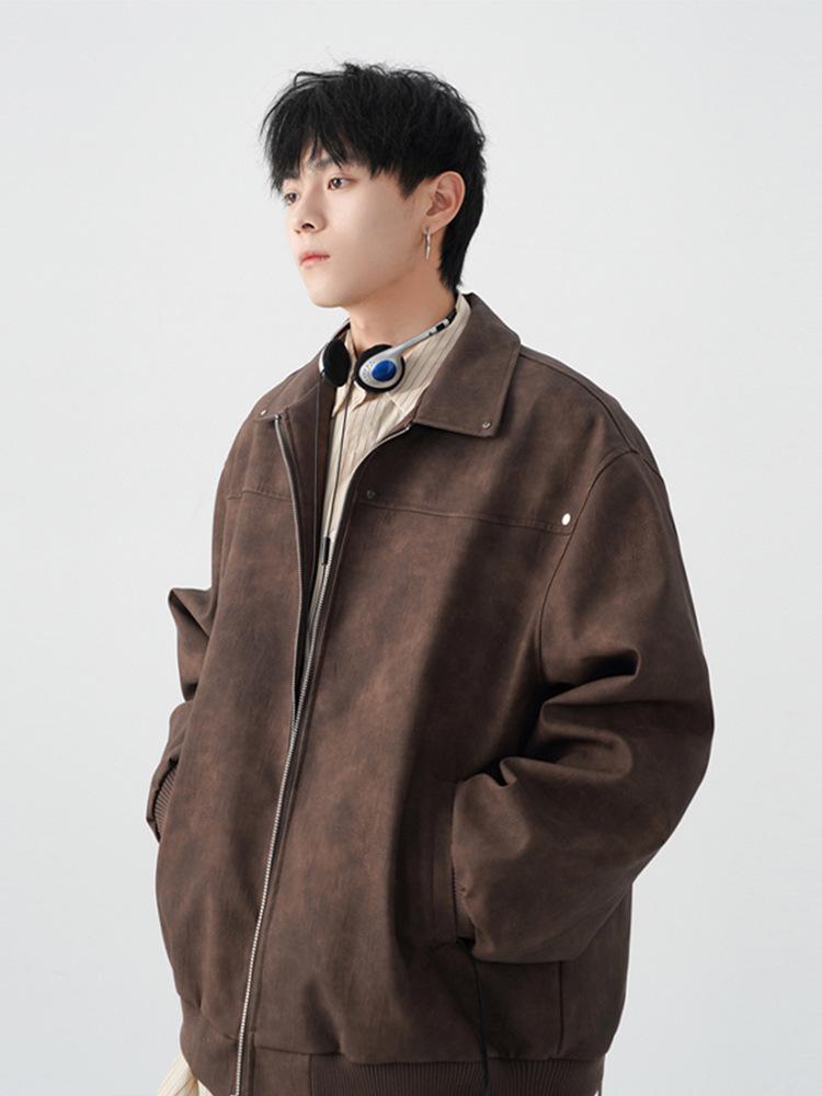 Унисекс Американская Ретро Куртка Maelard: Весенне-осеннее кожаное пальто мотоциклетного стиля с отложным воротником и заклепками.