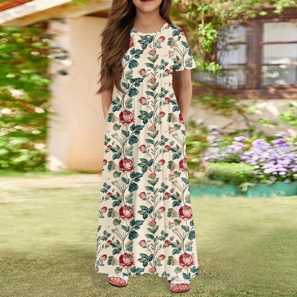 Длинное летнее платье для девочек - платье макси с короткими рукавами и карманами для детей 4-14 лет