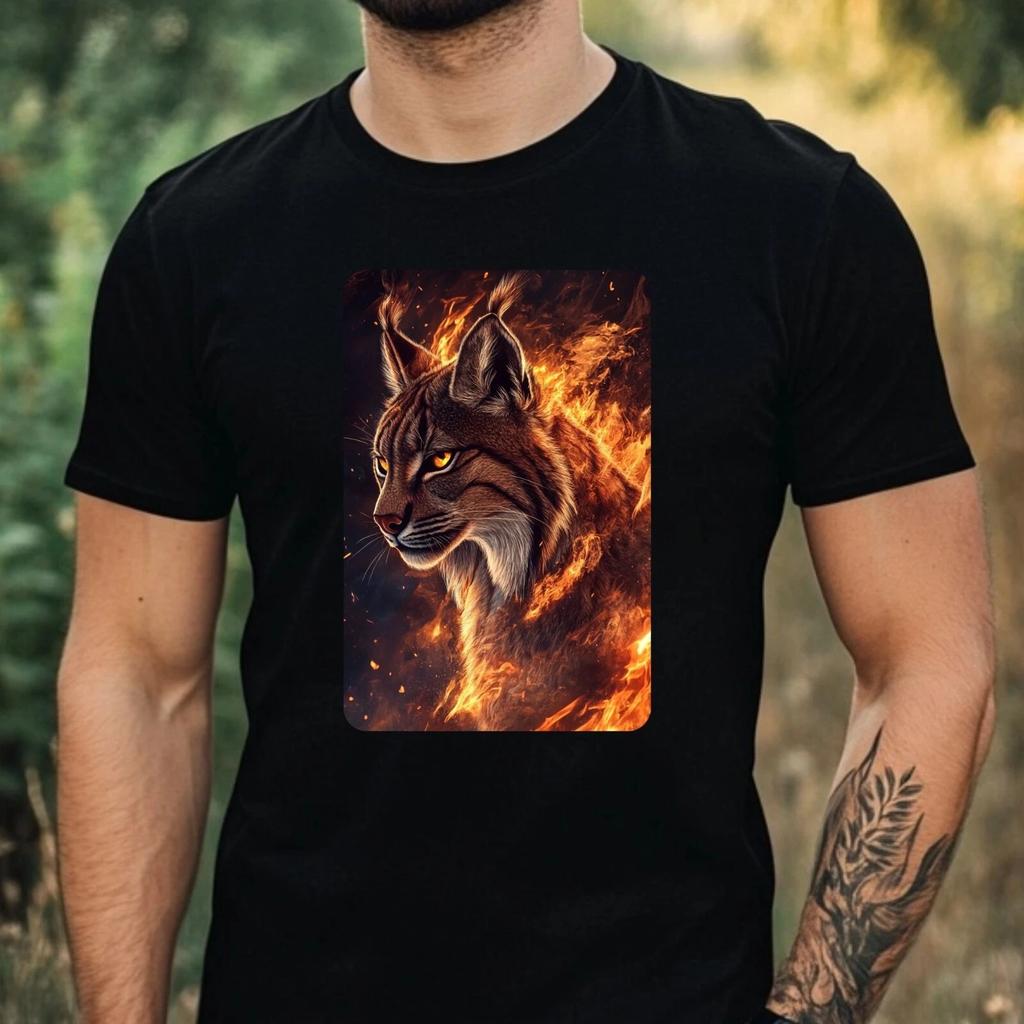 T-Shirt Herren Luchs in Flammen Motiv Baumwolle Größe XS bis 5XL