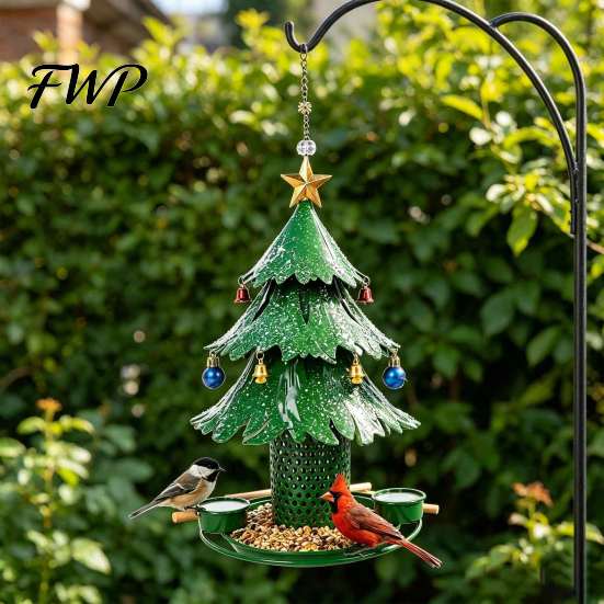 Christmas Tree Bird Feeder for Outdoor, Metal Hanging Wild with 2 Easy Fill Station Water Cups, Green Xmas Seeds Tray Garden Patio Outside Decor