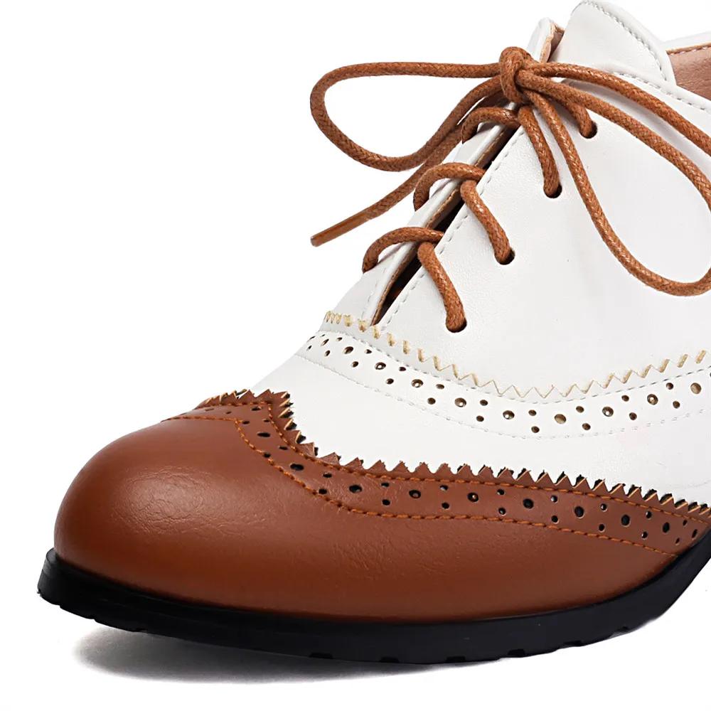 Мода 2025 Новые Туфли-лодочки Женские Туфли Круглый Носок Высокий Каблук Платформа Броги Студенческие Резные Ретро Шнуровка Классические Весна Серебристый Черный Коричневый