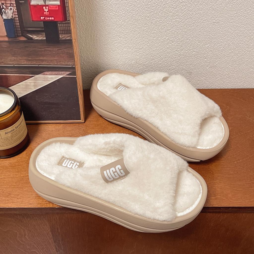Fur Women Slippers Winter New Fashion Plush Shallow Mouth Indoor Outdoor Flip-flop Casual Bedroom Solid Color Slides Flat Shoes