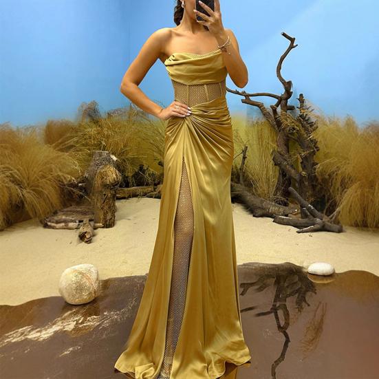 Lady Evening Dress Bandeau Off Shoulder Sleeveless Pleated Knot Mesh Patchwork Shiny Sequin Ball Gown Satin Floor Length Banquet Prom Maxi Dress