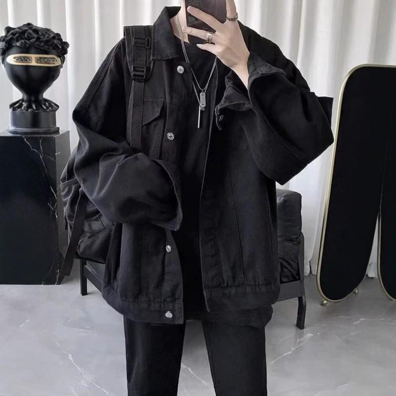 Unisex Black Denim Jacket Oversized Loose Fit Workwear Style Short Cropped Biker Chic Outerwear Casual