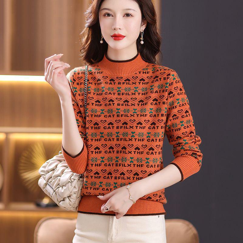 Женский свитер жаккардовой вязки с полуворотом 2024 года - Осень/Зима