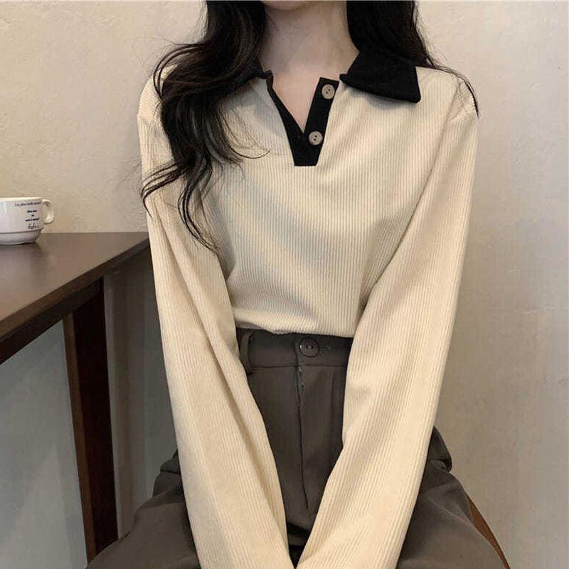 Knitwear Spring and Autumn Thin Models Lapel Positive Shoulder Tops Female Polo Shirt Thin Hundred Ins Long-sleeved Inner Take Tops