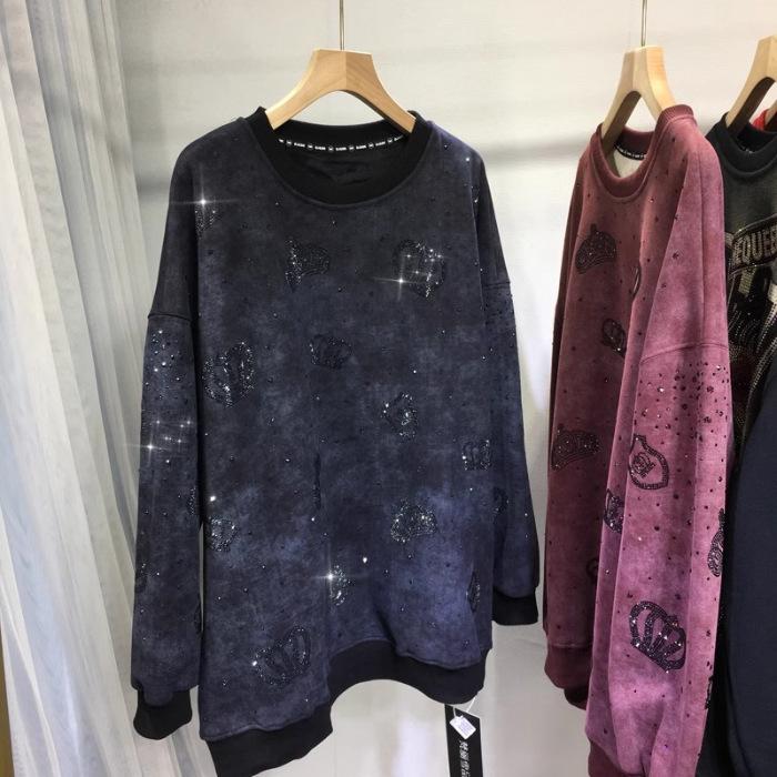 Горячая дрель Толстовка женская плюс размер подбитый утолщенный круглый вырез светлый роскошный корона длинный рукав топ