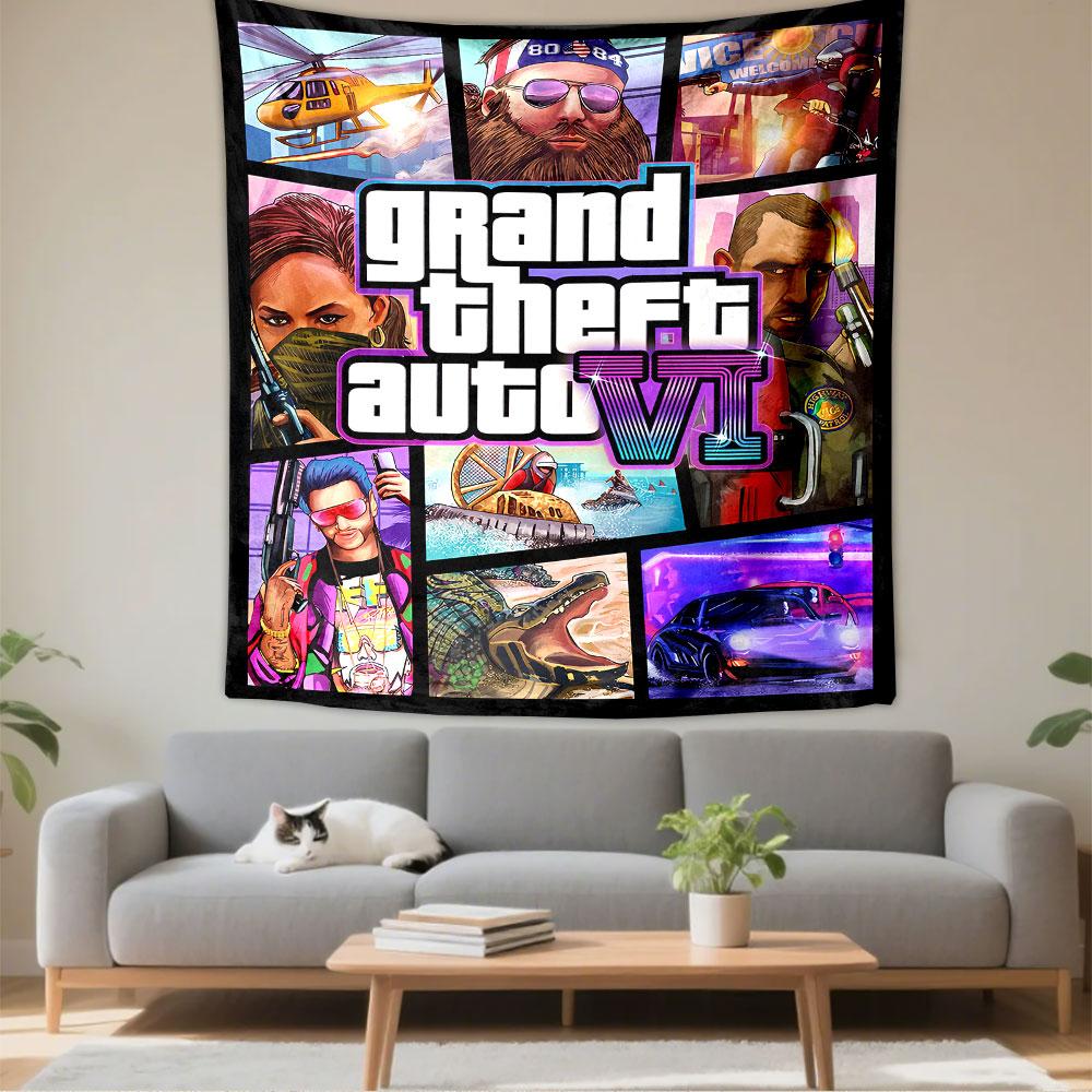 Гобелен GTA VI для стены, Постерное искусство Grand Theft Auto 6, Декор стены для геймера в спальню, гостиную, общежитие