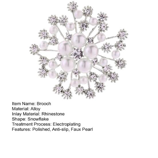 Women Brooch Snowflake Shape Rhinestone Faux Pearl Decor Anti-slip Wear-resistant Suit Coat Collar Hat