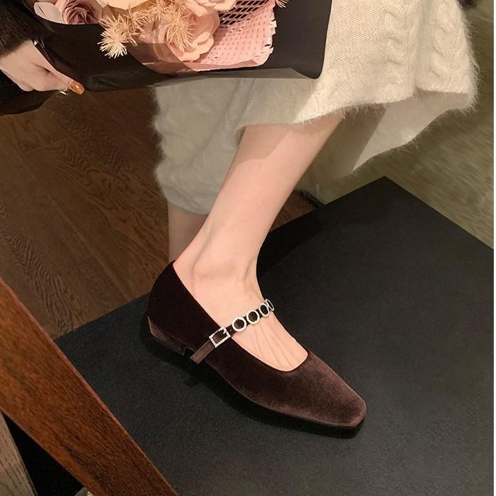 Винтажные французские туфли Мэри Джейн из замши с квадратной головкой, толстым каблуком и замшевым узором в виде ромба