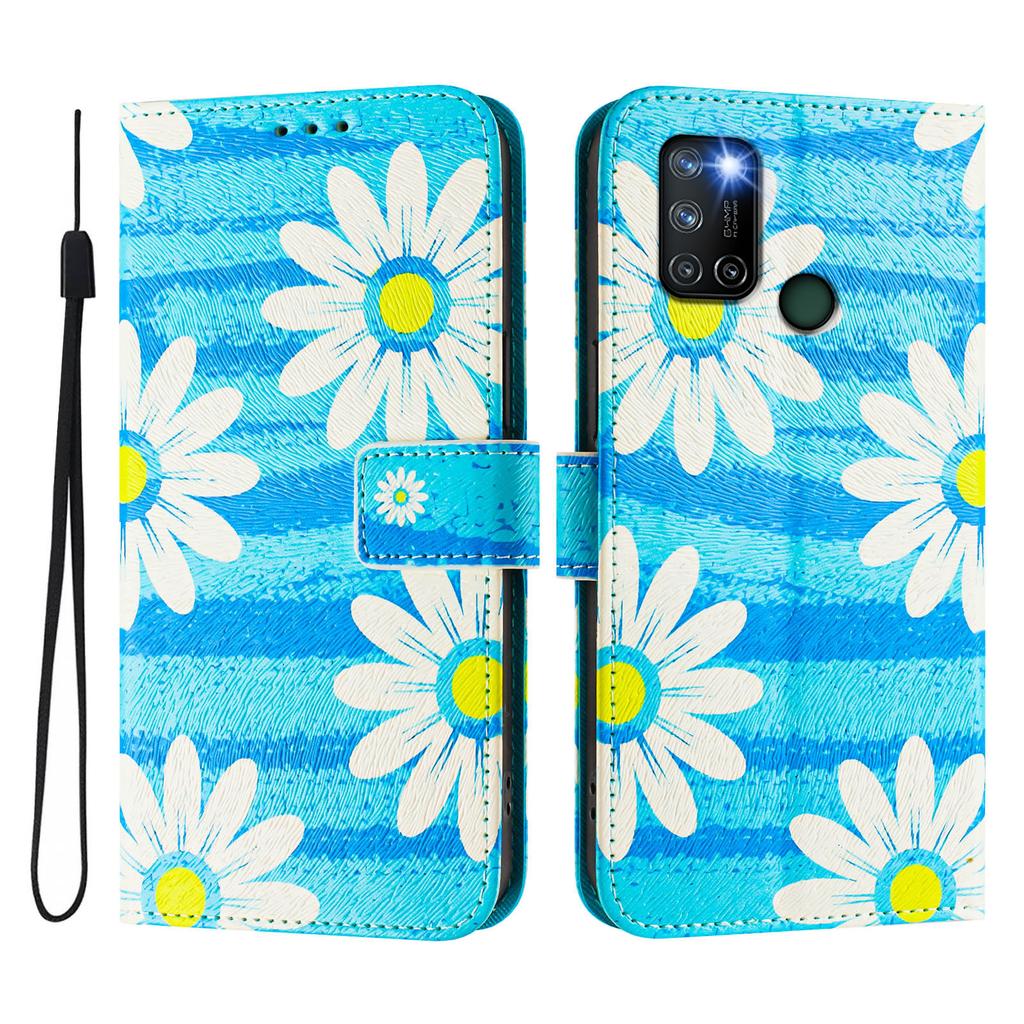 Blue Daisy Luxury Painted Leather Case Wallet Book Style Cover for Oppo A72/A52/A92 4G,A36 4G,Reno 8/9,Realme 8/9/10/11/12...