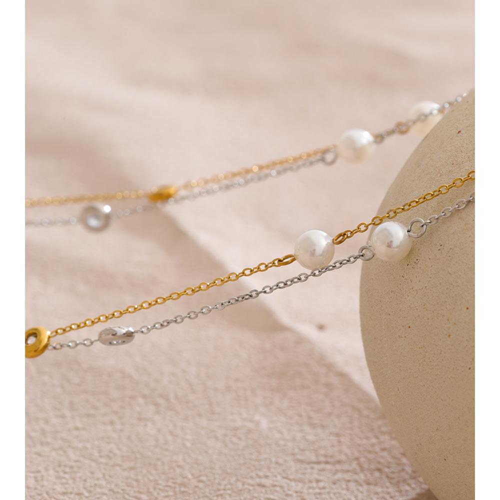 Eetit New Square Chain Stylish Stainless Steel Simulated Pearls Layered Stacking Necklace Women Fashion Charm Collar Jewelry