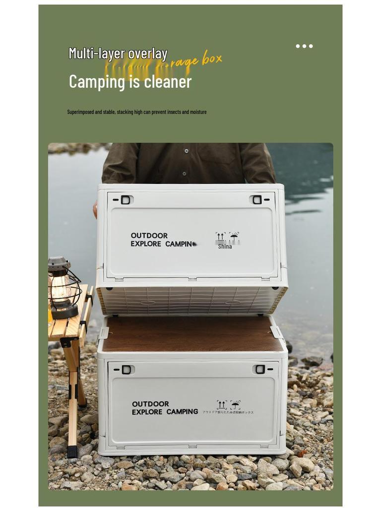 Portable Wheeled Camping Storage Box with Wooden Lid and Side-Opening Access