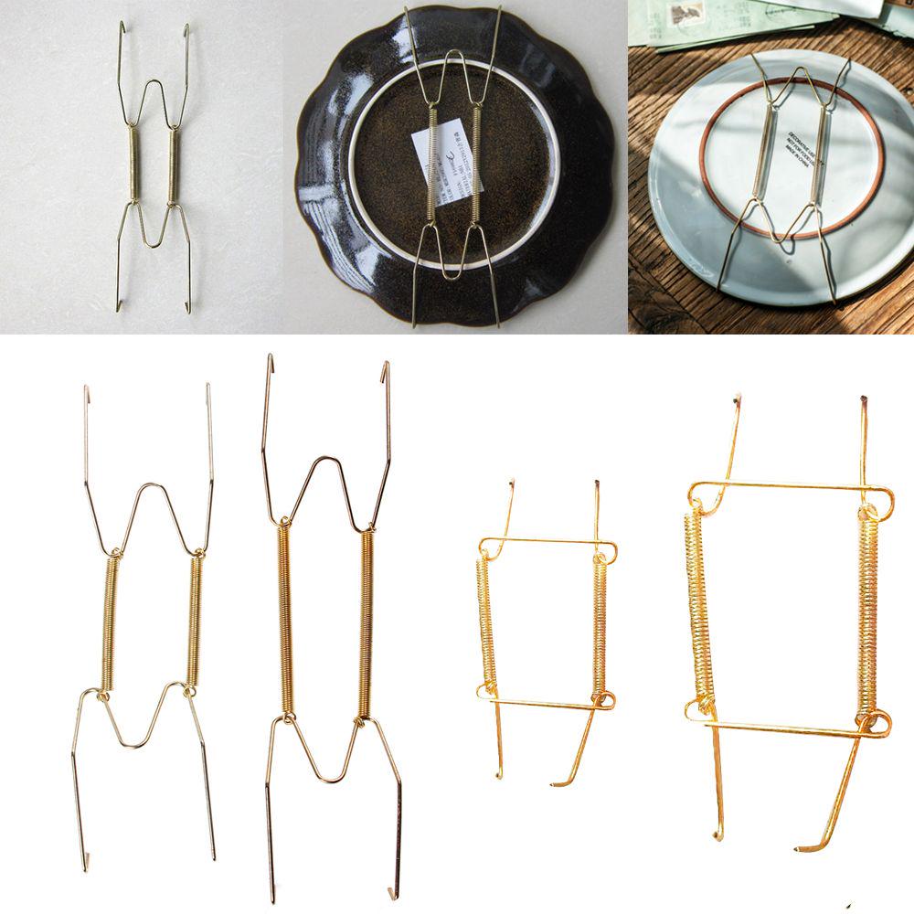 Home Decor Square Stainless Steel Dish Hangers W Type Hook Spring Holder Wall Display Plate