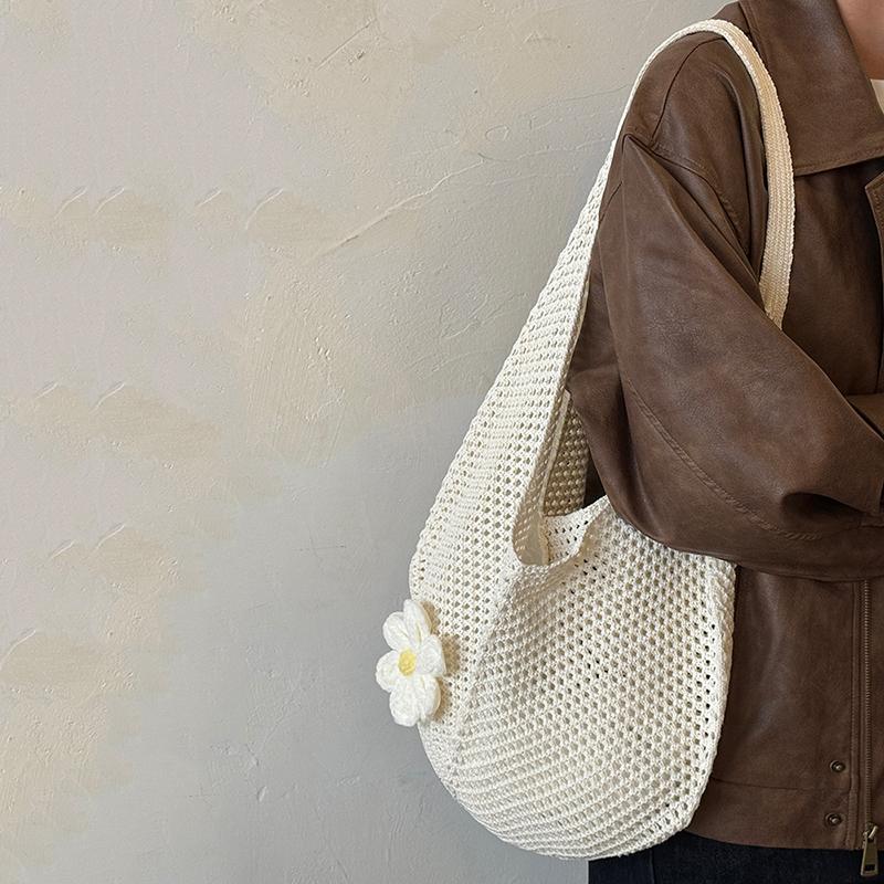 Women's Casual Hollow Out Wicker Woven Ladies Handmade Totes Bag Large Capacity Summer Beach Floral Decor Female's Shoulder Bag