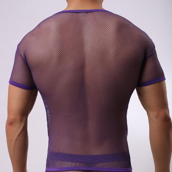 Мужские топы с V-образным вырезом, с коротким рукавом, с полым сетчатым дизайном, футболка однотонная, дышащая, в повседневном стиле, для ежедневной носки