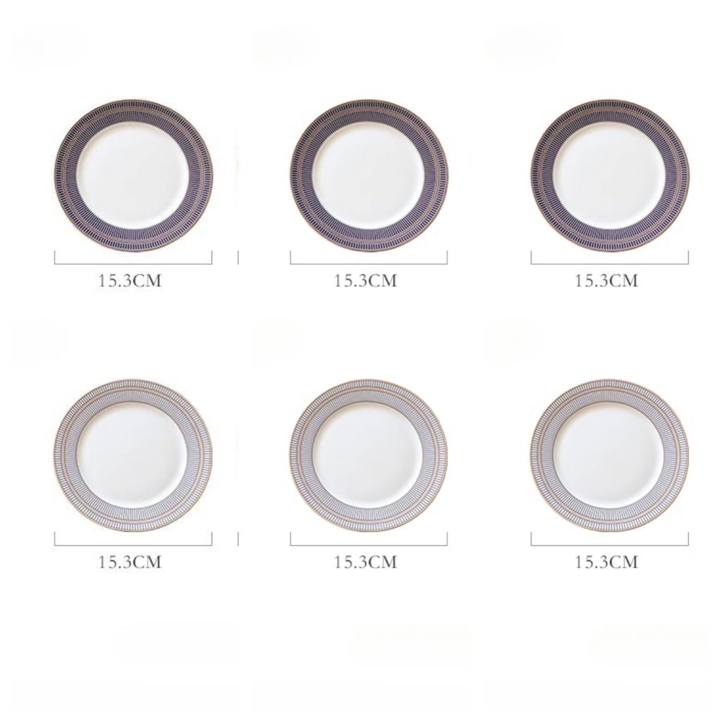 Fine Bone China Dinner Plates Sets, Light Luxury Tableware Stripe Pattern Gilt Edged Porcelain Dinnerware Round Set of 6