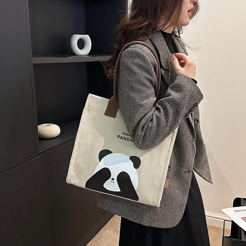 Large Capacity Panda Canvas Shoulder Bag Women Letter Cartoon Cute Tote Bag Street Fashion Shopping Bag