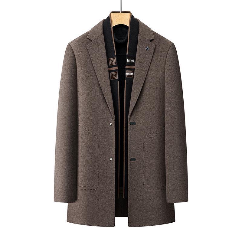 Мужское зимнее шерстяное пальто с воротником-шарфом - Business Casual, Съемный двусторонний дизайн, Подкладка из 90% гусиного пуха