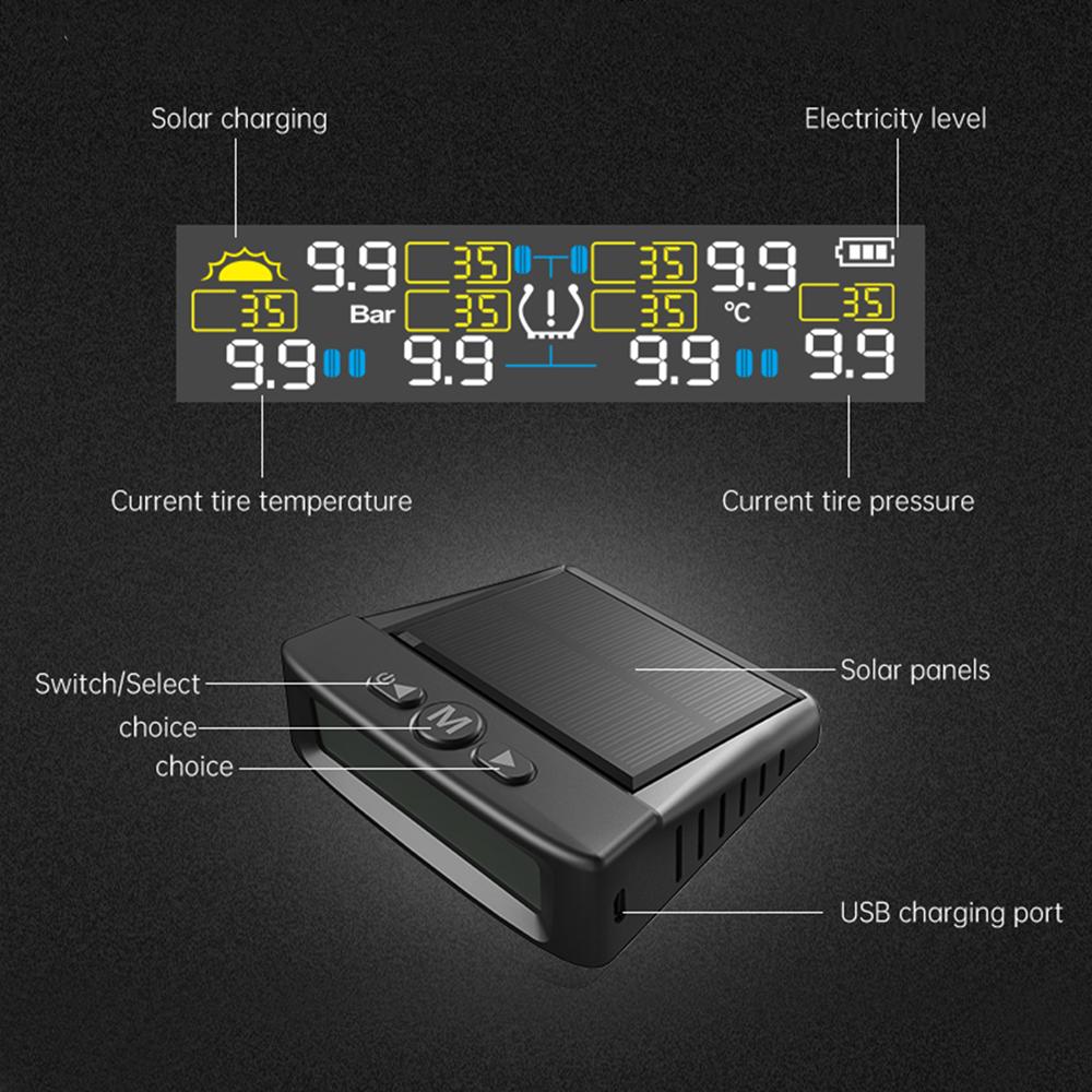 6-Wheel Solar TPMS Car Tire Pressure Alarm with 6 External Sensors Waterproof Digital Tyre Pressure Temperature Warning for Truck RV Van Tractor