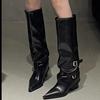 White High-heeled Trouser Boots Women's Thick-heeled Pointed-toed Knee-length Boots Belt-buckle High Boots