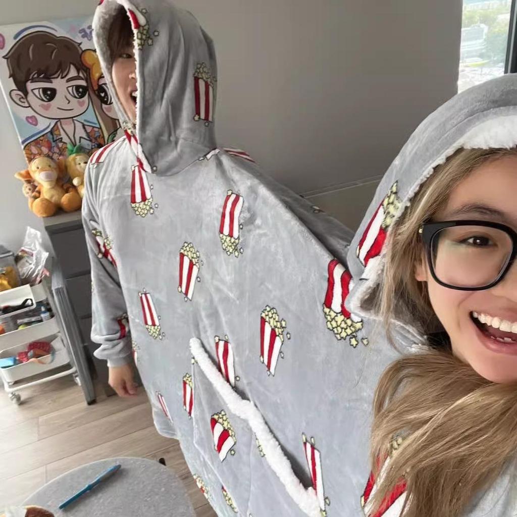 Popcorn One-Piece Pajamas: Cozy Velvet Couple's Hooded Sweatshirt for Autumn & Winter