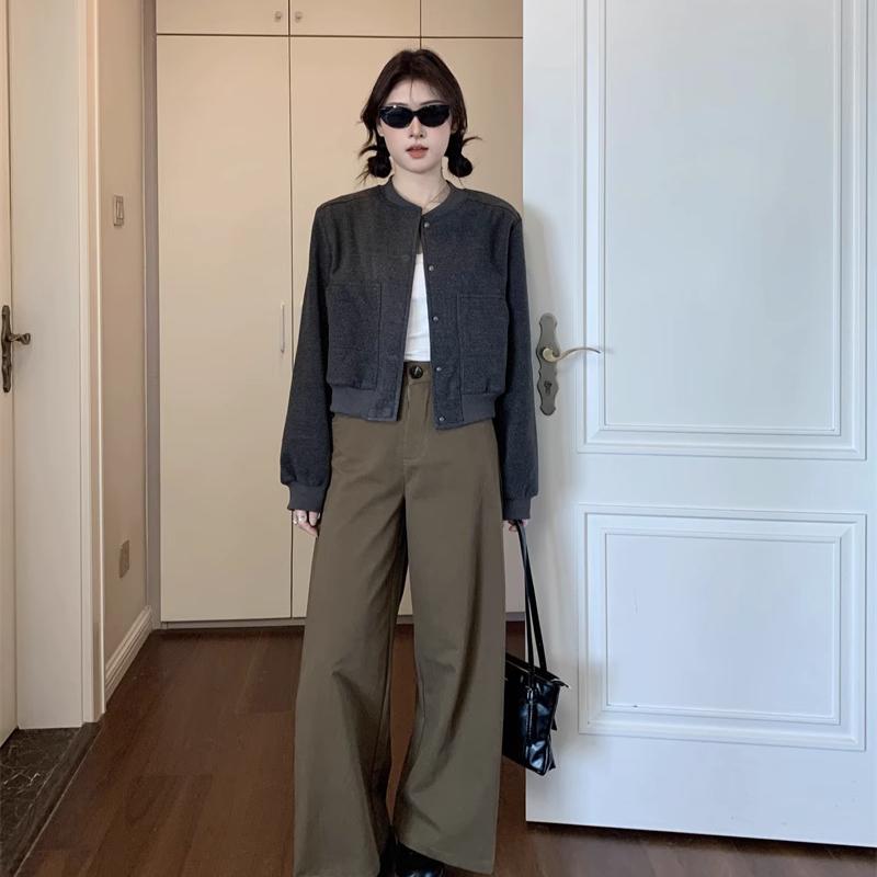 Women's Loose-Fit American Retro Short Baseball Jacket Casual Gray Outerwear for Autumn