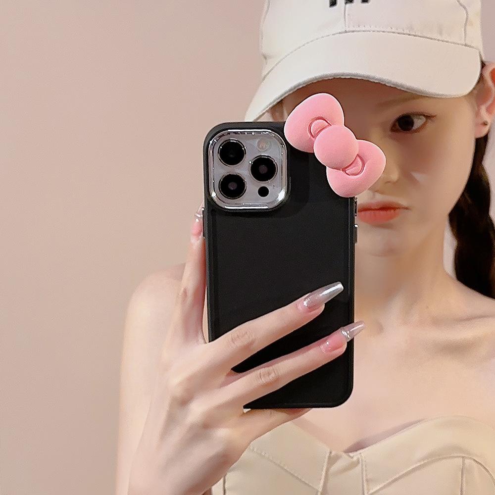 Cute Pink Bow Iphone17 Apple 16 Mobile Phone Case 11 Three-dimensional 13 Silicane 14 Promax Suitable for 12 Sets