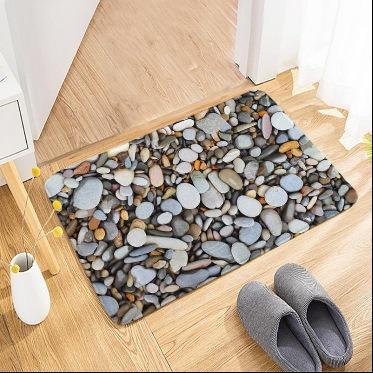 Pebble Stone Texture Door Mat Realistic River Rock Non-Slip Absorbent Entrance Rug Nature Green Leaf Decor Carpet